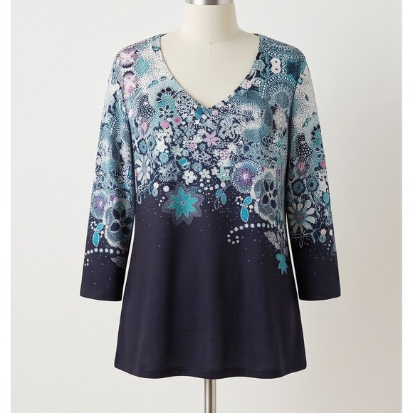 Unbranded Tops - Unbranded Womens Blue Floral V-Neck‎ 3/4 Sleeve Pullover Tunic Top Plus 4XL